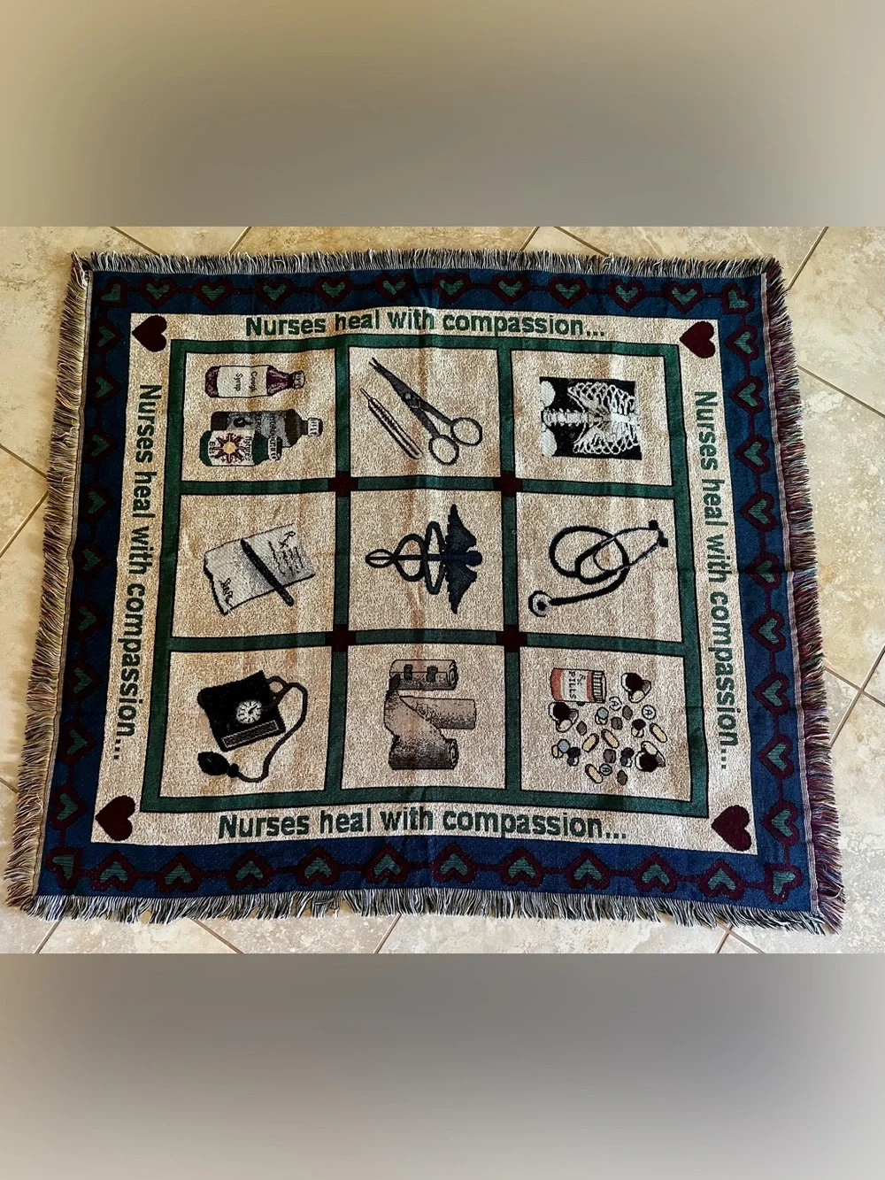 “Nurses heal with compassion” Throw blanket 55”x48” not including fringe. Clean!
